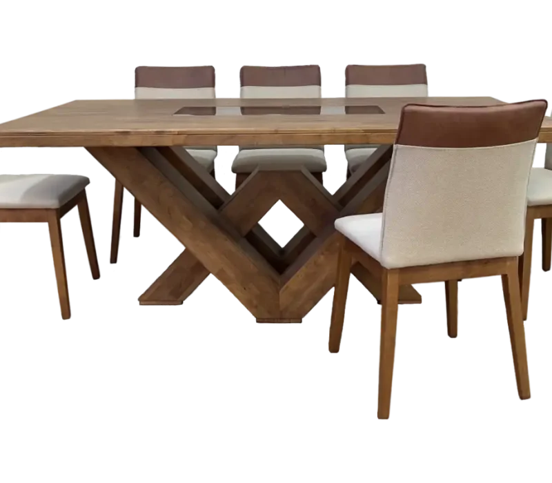 Comedor waterloo 8 personas en maple con lino y cuero